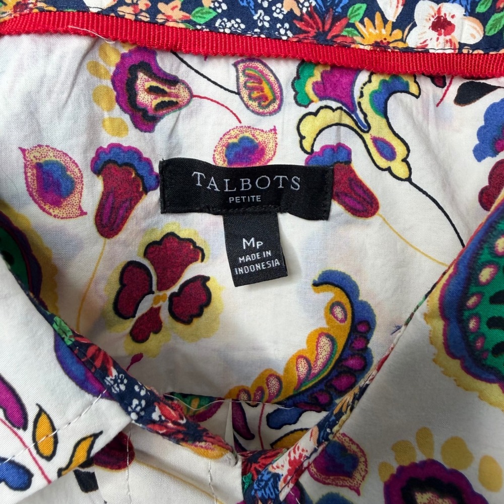 Talbots Petite Medium Paisley Cotton Button Down Shirt White Multi Color Boho - Picture 4 of 8
